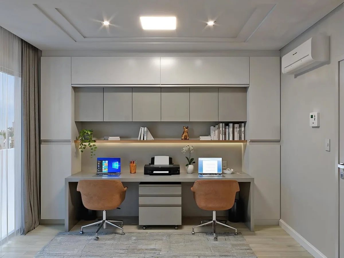 Desain meja kerja ganda (double desk) abu-abu dengan dua kursi cokelat, kabinet gantung, dan rak kayu panjang di ruang kerja minimalis.