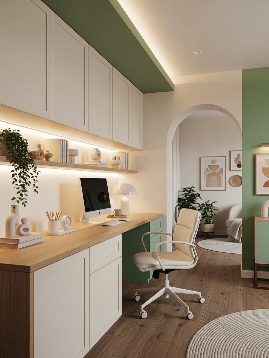 Ruang kerja minimalis dengan meja kayu, rak ambalan berlampu LED, dan sentuhan warna hijau sage pada dinding serta kabinet bawah yang menyegarkan mata.