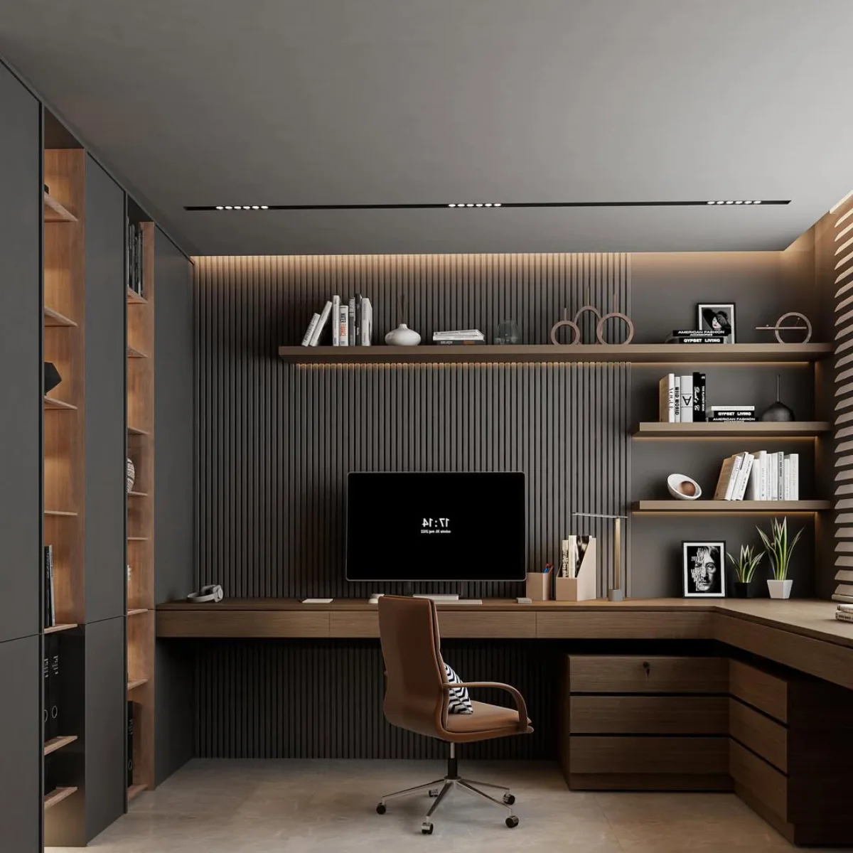 Desain home office mewah bernuansa maskulin gelap dengan meja kerja L-shape kayu, kursi kulit cokelat, dan dinding panel vertikal abu-abu.