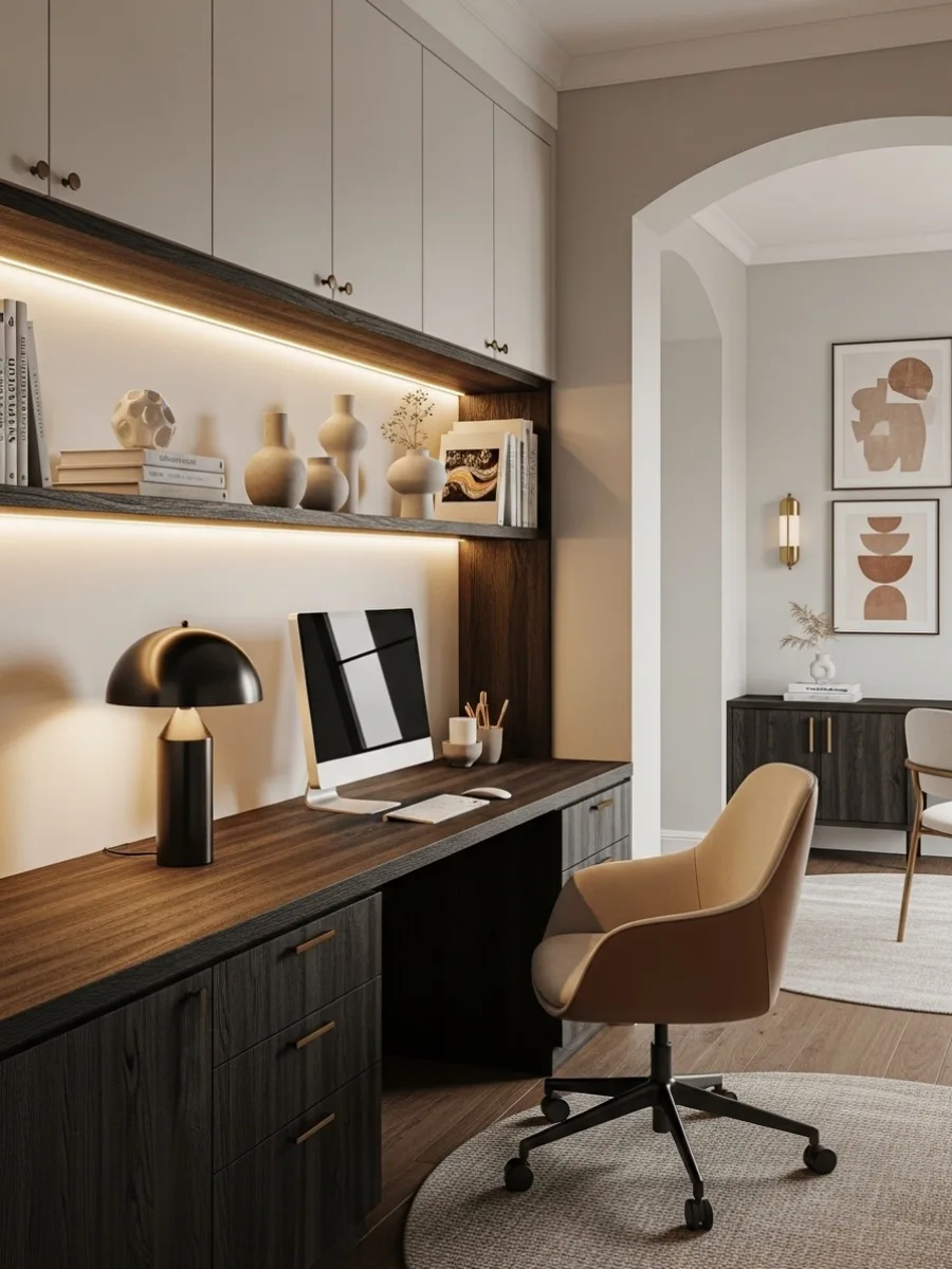 Inspirasi home office bernuansa elegan dan maskulin dengan kabinet kayu berwarna gelap (dark wood), kursi kerja krem, dan pencahayaan estetik.
