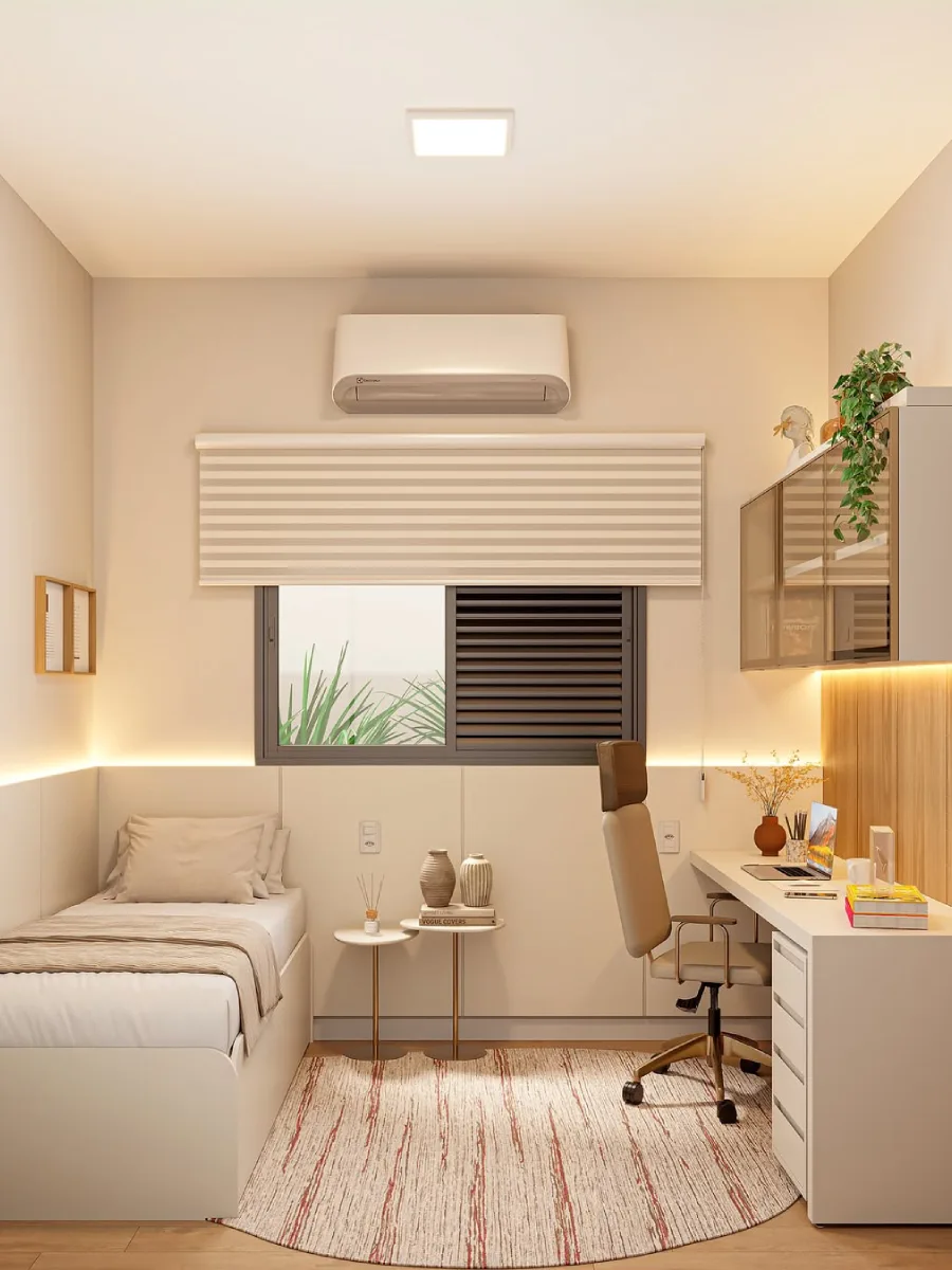 Desain multifungsi kamar tidur berukuran mungil yang digabung dengan ruang kerja, menampilkan tempat tidur single yang terintegrasi langsung dengan meja belajar minimalis.