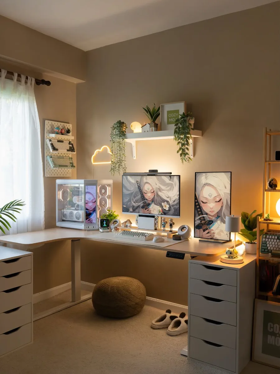 Meja kerja sudut berbentuk L bernuansa hangat dengan PC case putih berlayar LCD, dua monitor menampilkan wallpaper karakter anime, pegboard putih berisi koleksi keyboard, dan lampu neon bentuk awan.