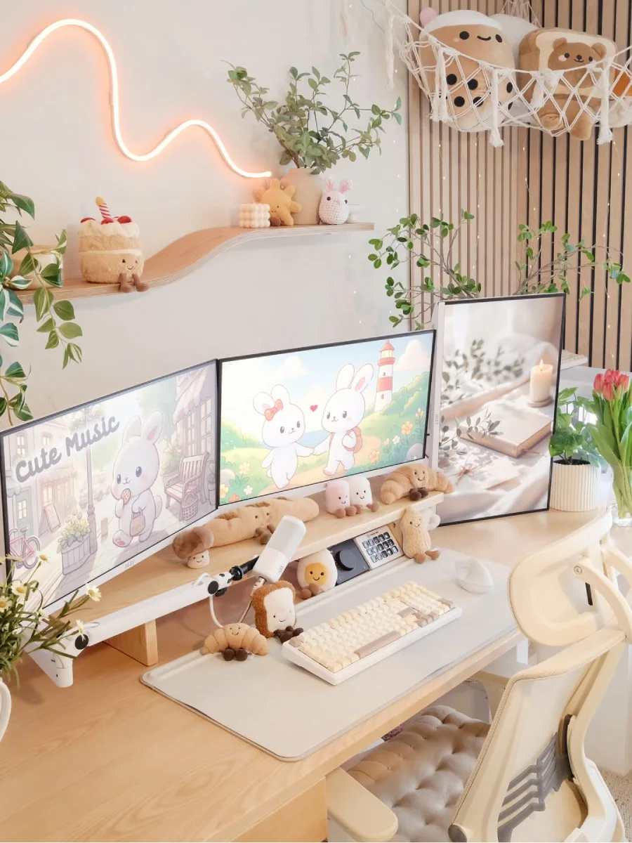 Meja kerja kayu bertema kawaii yang dipenuhi boneka plushie bentuk roti dan croissant, dua monitor dengan wallpaper kelinci imut, lampu neon dinding bergelombang, serta dekorasi tanaman hias.