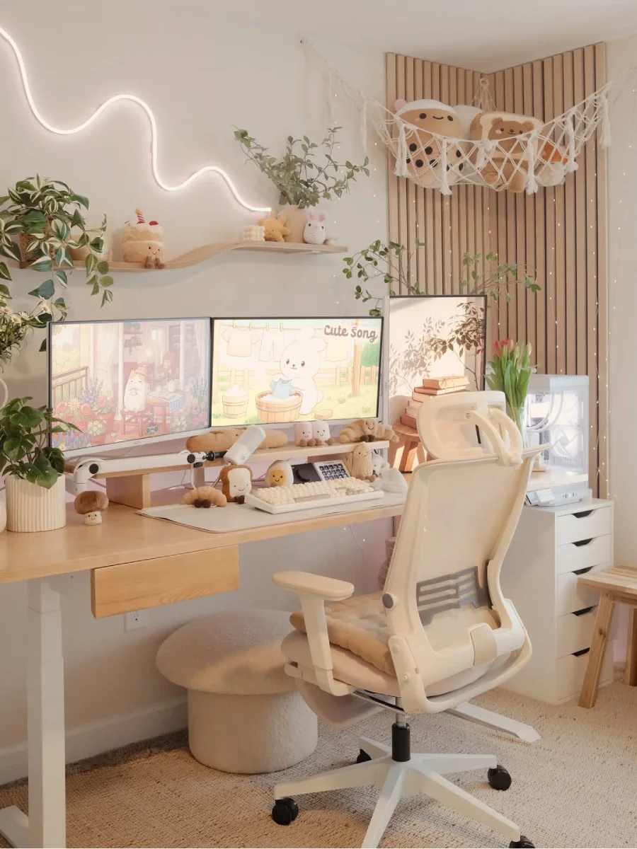 Tampilan utuh area kerja kawaii dengan kursi ergonomis putih-krem, meja standing desk kayu, laci susun putih, dan gantungan jaring macrame berisi boneka boba di sudut atas ruangan.