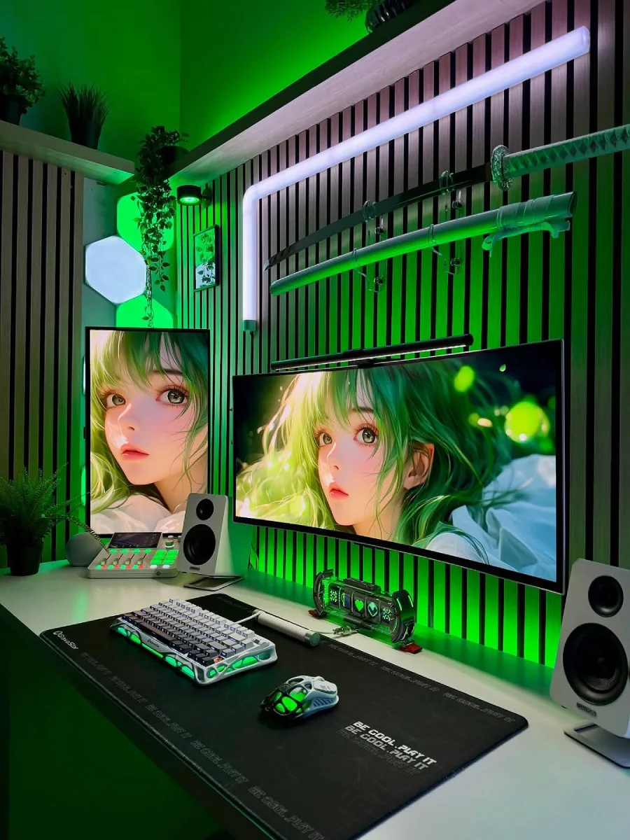 Setup PC gaming dengan pencahayaan hijau neon. Menampilkan monitor ultrawide dan monitor vertikal dengan wallpaper anime, keyboard dan mouse bernuansa putih, serta dua pedang katana yang dipajang di dinding berpanel kayu.