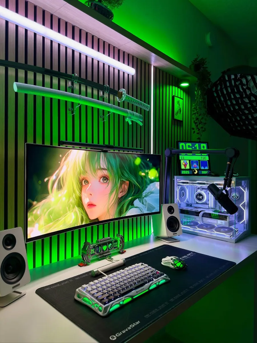 Ruang PC gaming bernuansa hijau neon. Terdapat monitor ultrawide dengan wallpaper anime, mikrofon pada boom arm, casing PC transparan dengan lampu RGB di dalamnya, jam digital meja, dan pedang katana di dinding.