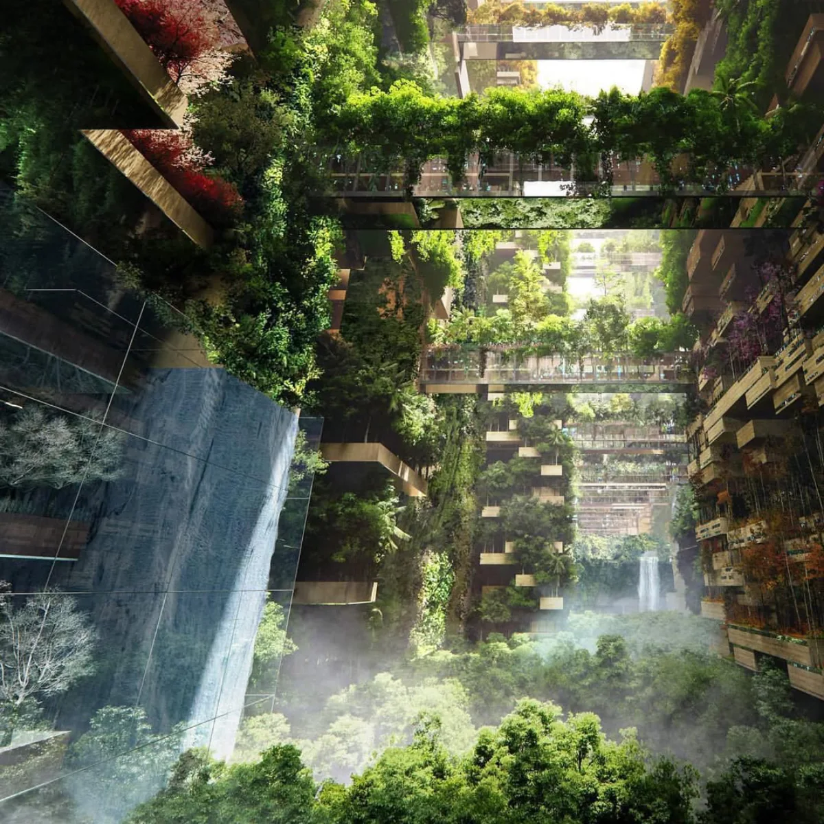 Rendering udara kota futuristik The Line di Arab Saudi, menampilkan desain linier yang unik dengan dinding cermin