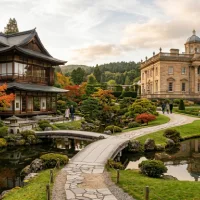 Pemandangan taman lanskap yang luas di musim gugur, menampilkan bangunan kayu tradisional Jepang di kiri, jembatan batu, dan istana Neoklasik Eropa yang megah di kanan, di bawah langit senja. Pepohonan berdaun musim gugur dan perbukitan berhutan di latar belakang.