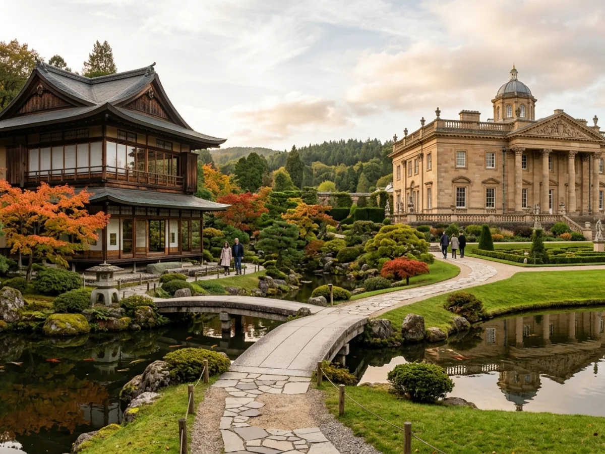 Pemandangan taman lanskap yang luas di musim gugur, menampilkan bangunan kayu tradisional Jepang di kiri, jembatan batu, dan istana Neoklasik Eropa yang megah di kanan, di bawah langit senja. Pepohonan berdaun musim gugur dan perbukitan berhutan di latar belakang.