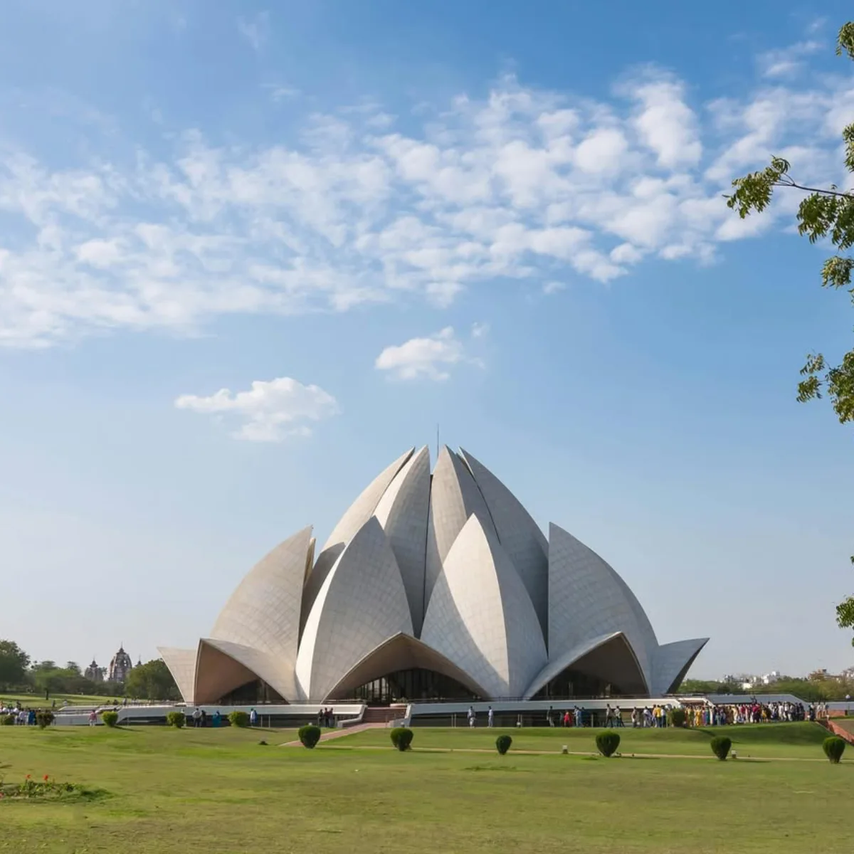 bangunan kuil Lotus Temple yang berbentuk bunga teratai mekar dengan kelopak marmer putih di taman rumput yang luas