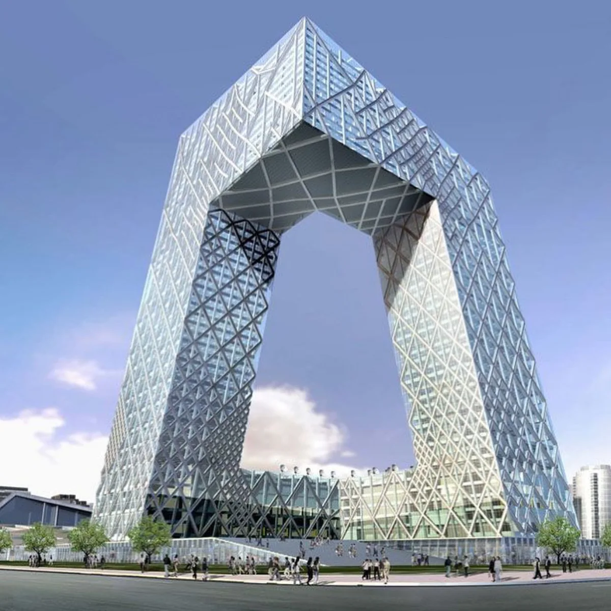 gedung pencakar langit berbentuk cincin geometris miring CCTV Headquarters di Beijing dengan jembatan kantilever besar