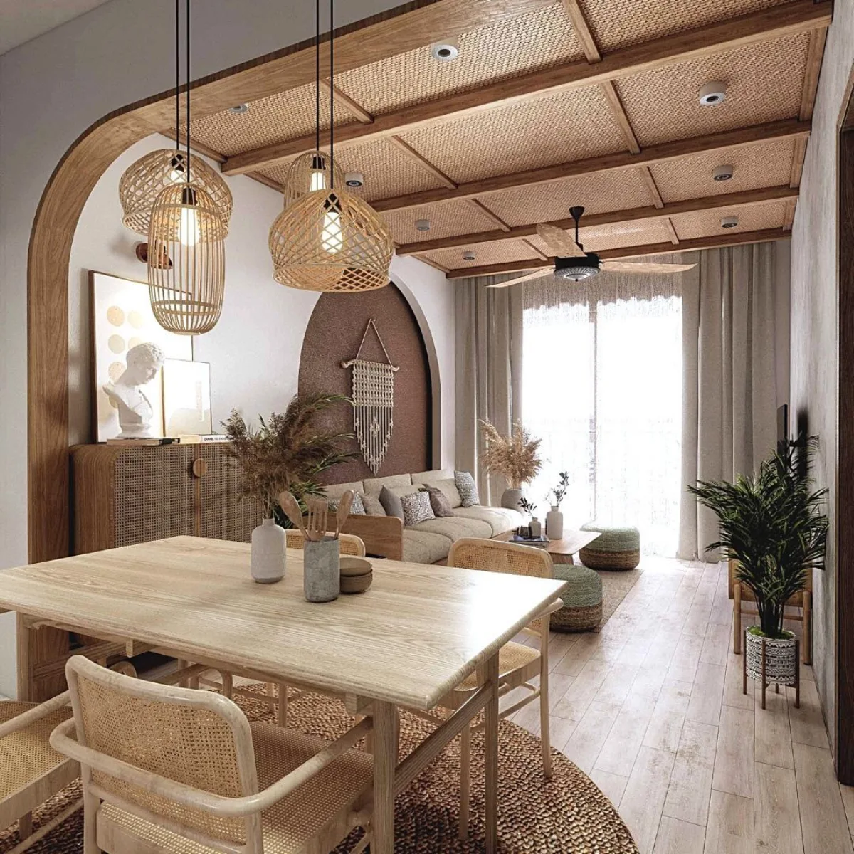 Ruang makan dan keluarga bergaya Rustic Tropical dengan plafon aksen anyaman rotan, lampu gantung alami, meja makan kayu solid, dan dekorasi tanaman kering.