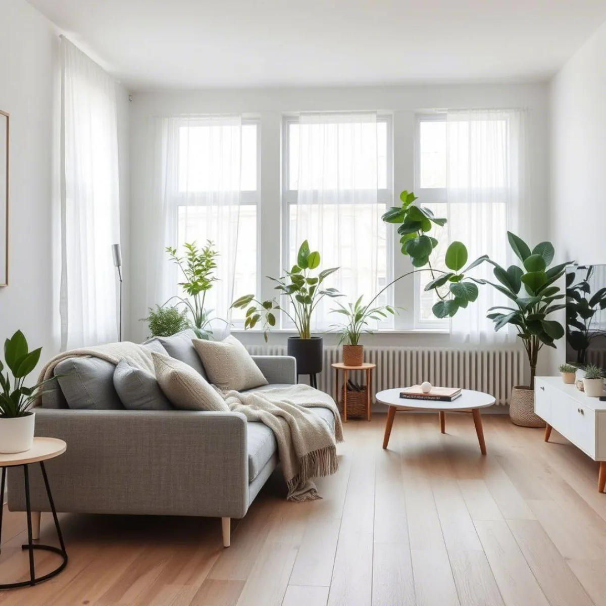 Ruang keluarga gaya Scandinavian yang terang dengan jendela besar, lantai kayu parket muda, sofa abu-abu simpel, dan dekorasi tanaman indoor.