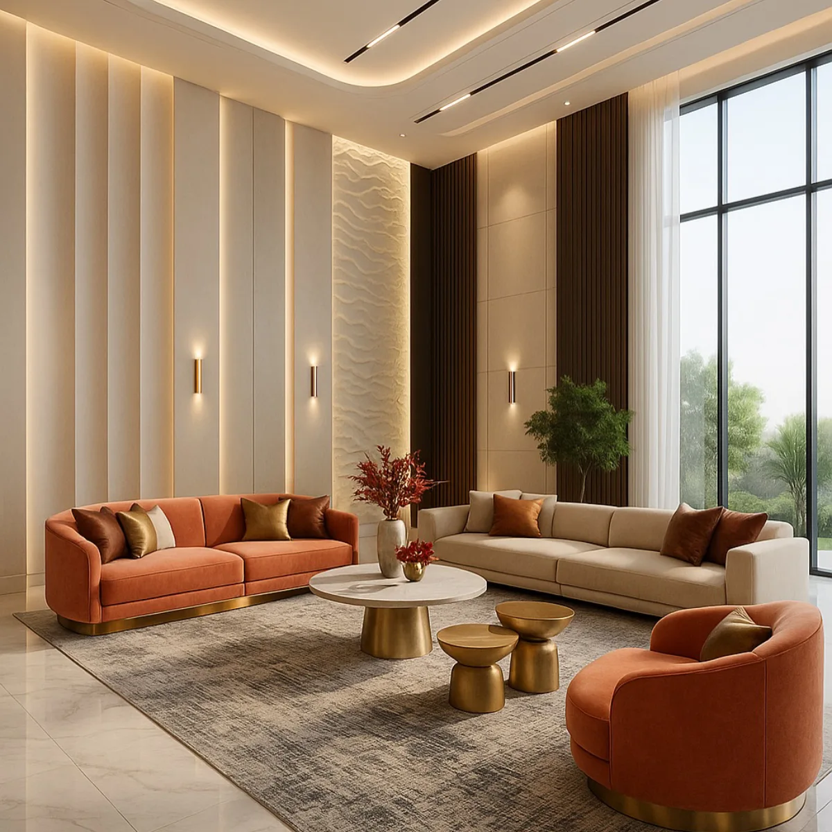 Ruang tamu gaya Kontemporer modern dengan sofa melengkung warna terakota, pencahayaan LED plafon artistik, dan dinding bertekstur mewah.