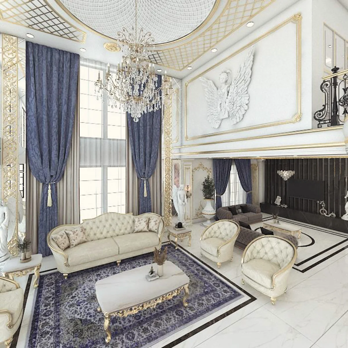 Interior rumah gaya Klasik Eropa yang megah dengan lampu gantung kristal besar, detail ukiran emas, gorden tinggi mewah, dan lantai marmer.