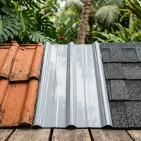 Tiga panel sampel bahan atap yang berbeda diletakkan berdampingan di atas dek kayu yang lapuk. Dari kiri ke kanan: dua genteng tanah liat terracotta oranye-cokelat yang bertekstur dan tampak tua; panel atap lembaran logam bergelombang mengkilap berwarna abu-abu muda dengan rusuk vertikal; dan panel sirap aspal granular berwarna abu-abu gelap.