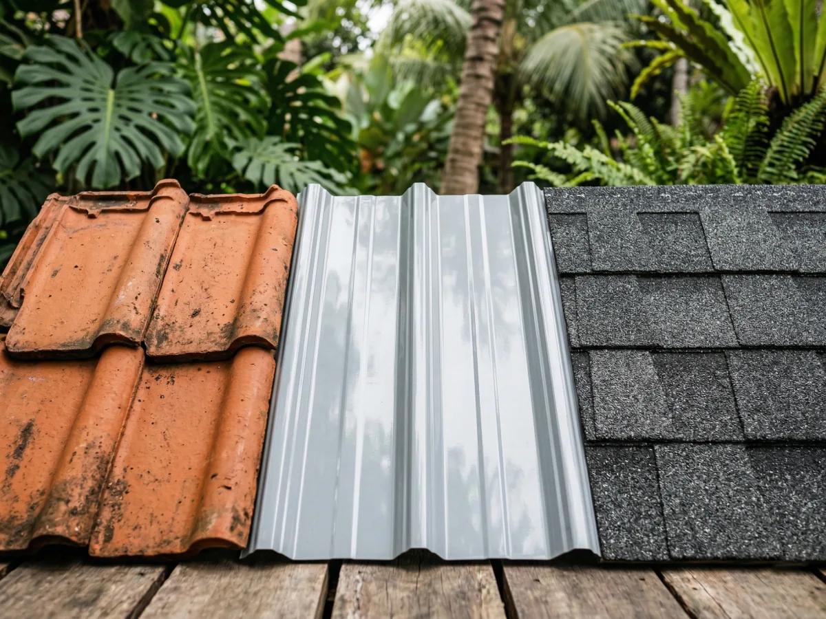 Tiga panel sampel bahan atap yang berbeda diletakkan berdampingan di atas dek kayu yang lapuk. Dari kiri ke kanan: dua genteng tanah liat terracotta oranye-cokelat yang bertekstur dan tampak tua; panel atap lembaran logam bergelombang mengkilap berwarna abu-abu muda dengan rusuk vertikal; dan panel sirap aspal granular berwarna abu-abu gelap.