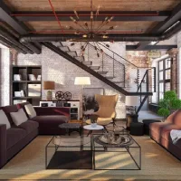 Ruang tamu bergaya industrial dengan dinding bata merah ekspos, pipa plafon hitam, tangga besi, dan sofa modern bernuansa gelap