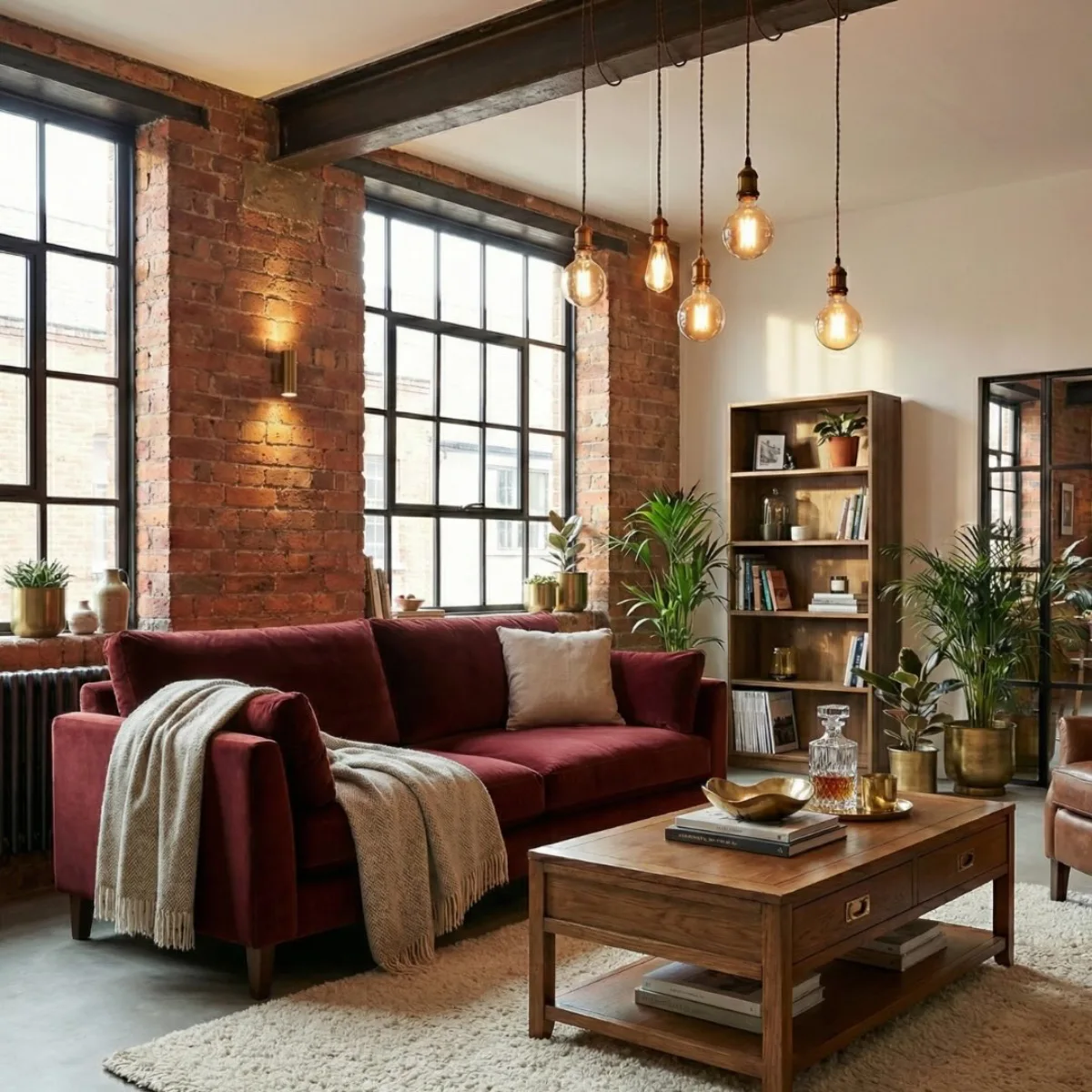 Ruang keluarga berdesain industrial menampilkan dinding bata merah ekspos, sofa beludru warna merah marun, meja kopi kayu rustic, jendela besar berbingkai hitam, dan lampu gantung bohlam Edison