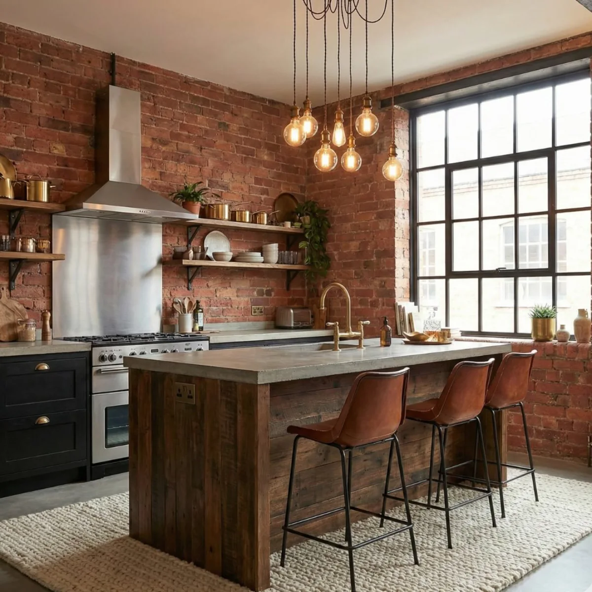 Dapur bergaya industrial dengan dinding bata merah, kitchen island dari kayu dan permukaan beton, kursi bar kulit cokelat, rak dinding terbuka, dan peralatan dapur berbahan baja tahan karat