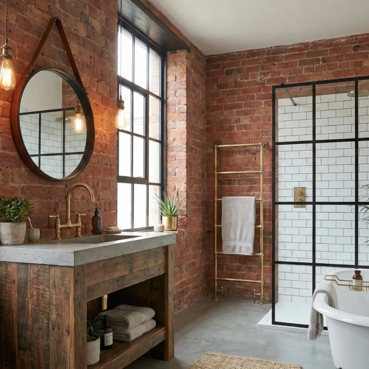 Kamar mandi industrial dengan dinding bata ekspos, meja wastafel kayu rustic dengan permukaan beton, cermin bulat gantung, partisi shower kaca kotak hitam, dan perlengkapan mandi kuningan