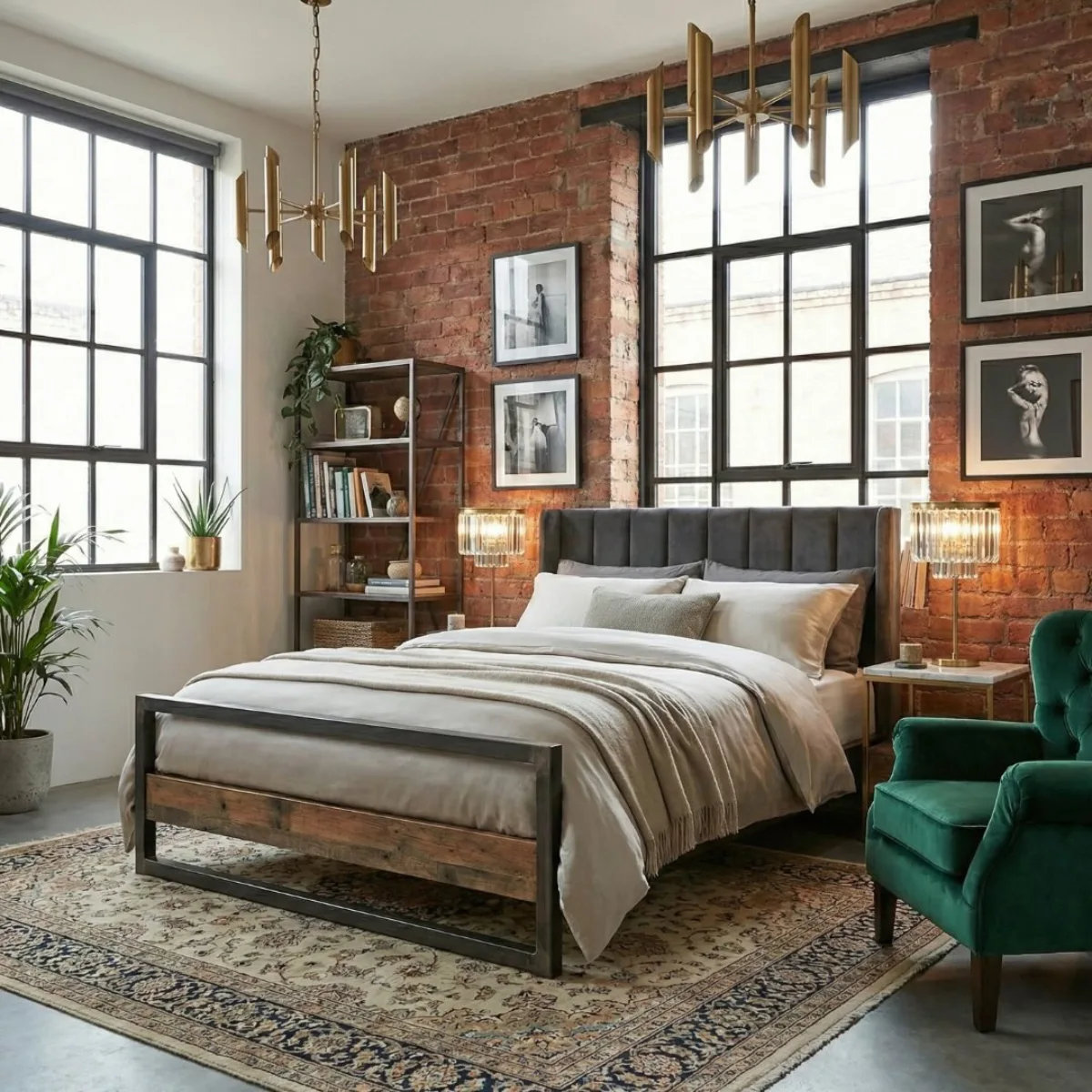 Desain kamar tidur industrial yang menonjolkan dinding bata ekspos, ranjang perpaduan besi dan kayu rustic, kursi aksen beludru hijau zamrud, rak buku industrial, serta jendela besar berbingkai hitam