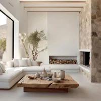 Ruang tamu minimalis bergaya Japandi dengan sofa sudut putih, meja tamu dari potongan kayu solid bertekstur alami, dekorasi vas keramik, dan perapian dengan dinding batu ekspos.