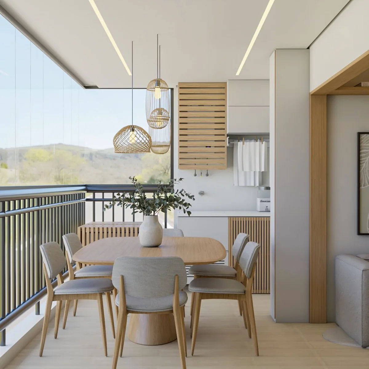 Desain balkon fungsional Japandi dengan area makan, kursi abu-abu, lampu gantung rotan, rak kayu slatted untuk penyimpanan atau cucian, dan pemandangan perbukitan yang asri.