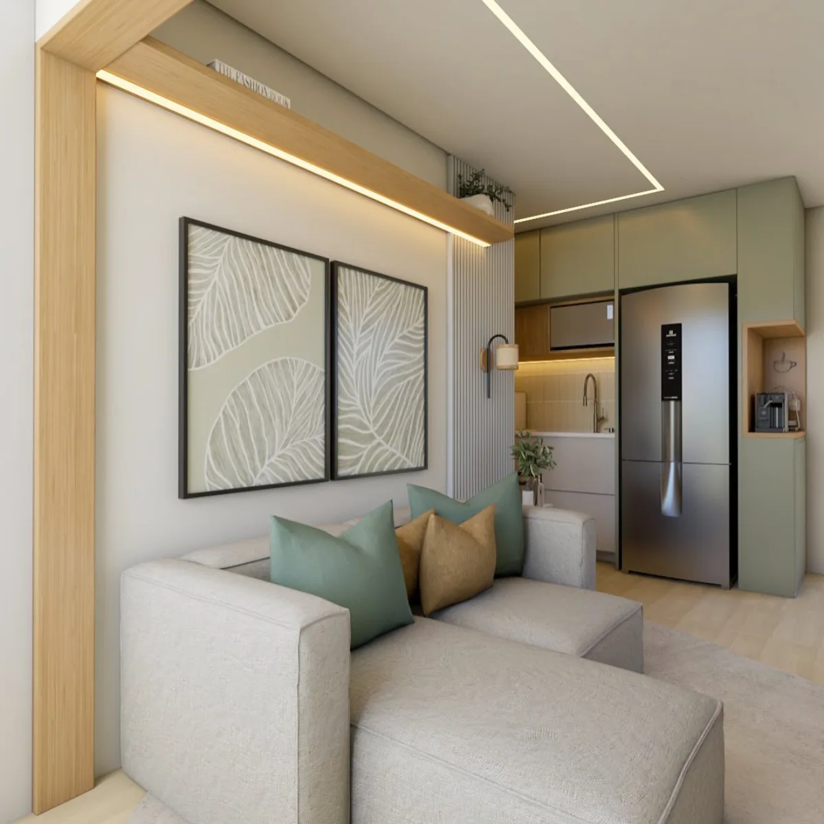 Sudut ruang tamu bergaya Japandi dengan sofa L-shape berwarna terang, bantal hijau dan oren, lukisan dinding bermotif daun besar, rak kayu dengan lampu LED, dan pemandangan dapur minimalis.