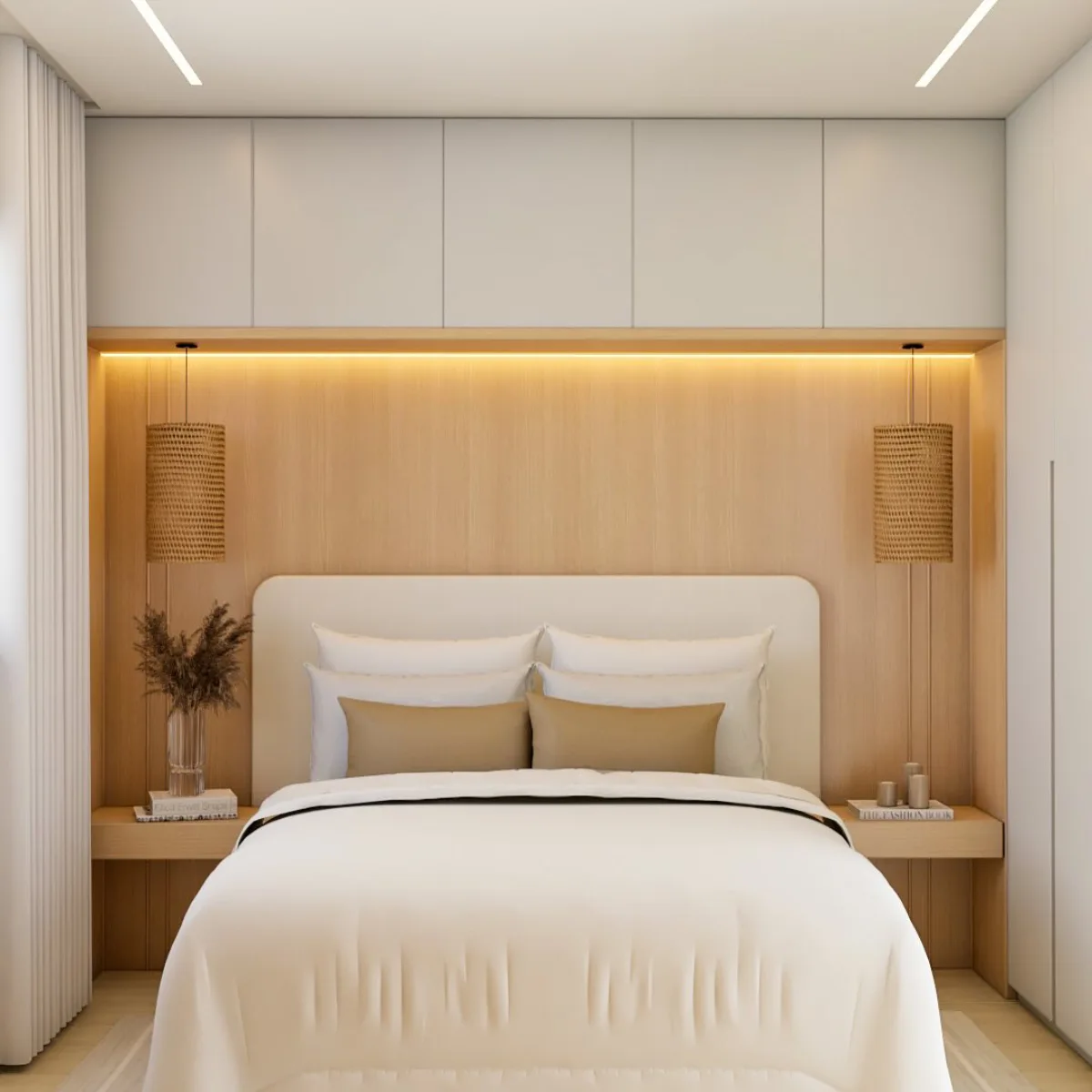 Desain interior kamar tidur Japandi minimalis yang tenang dengan tempat tidur empuk, sandaran kayu, lemari putih di atas, lampu gantung anyaman, dan dekorasi tanaman kering.