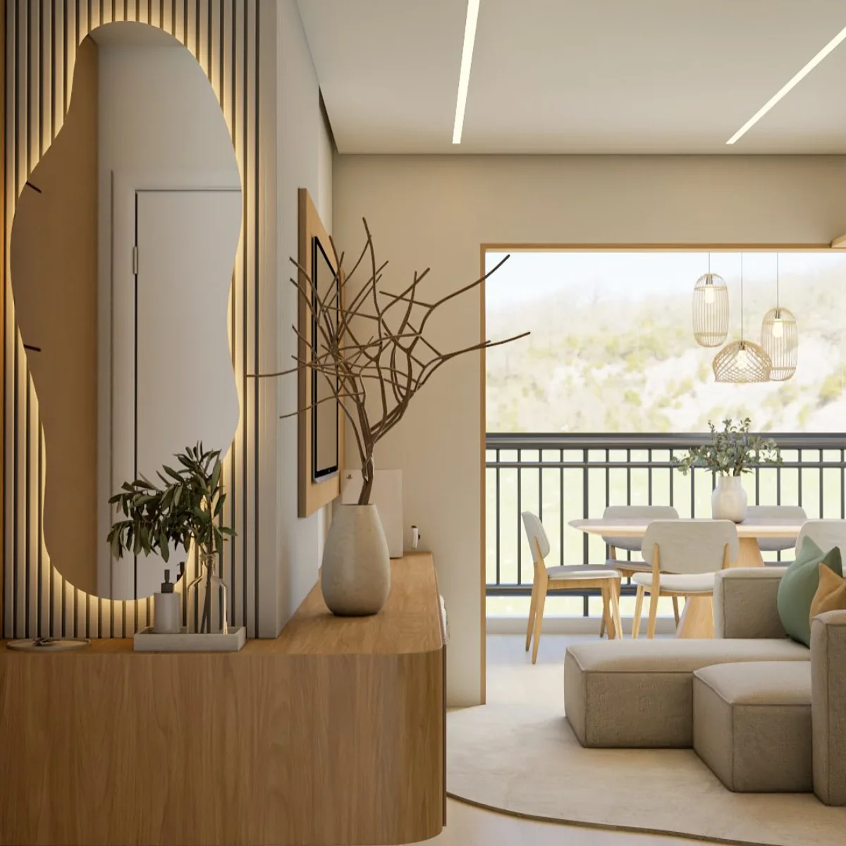 Fokus pada sudut ruang tamu Japandi dengan cermin organik berbingkai lampu LED, dinding bergaris, vas dengan ranting kering di console table, dan pandangan ke arah balkon.