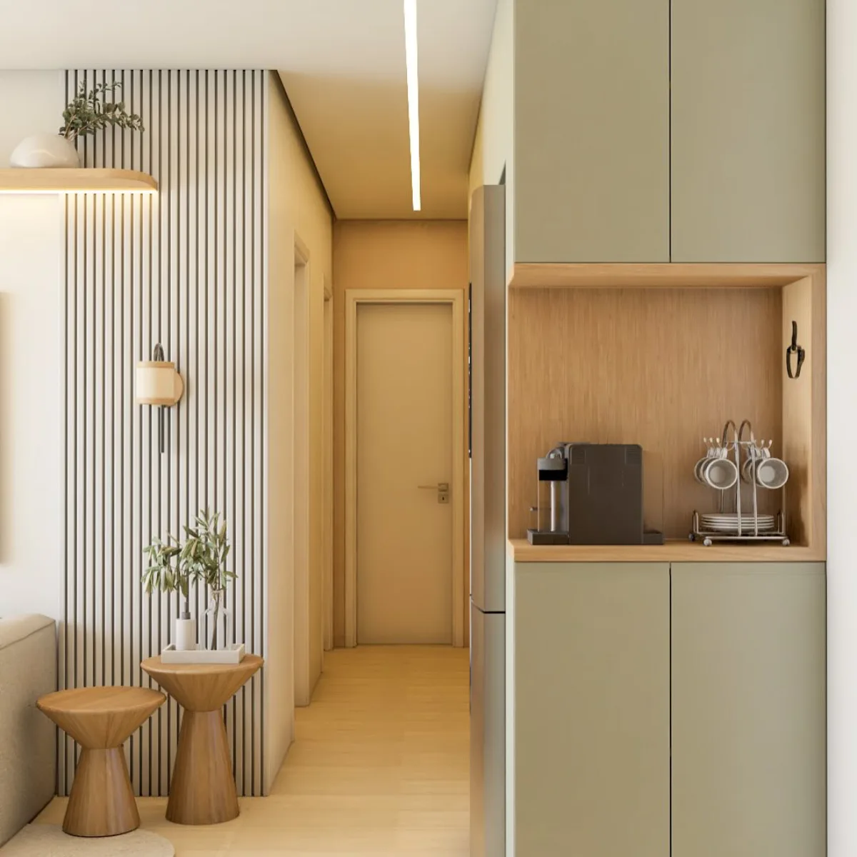 Lorong apartemen bergaya Japandi dengan dinding bertekstur, cermin organik, console table kayu, tanaman hias, dan lemari penyimpanan hijau zaitun dengan mesin kopi.