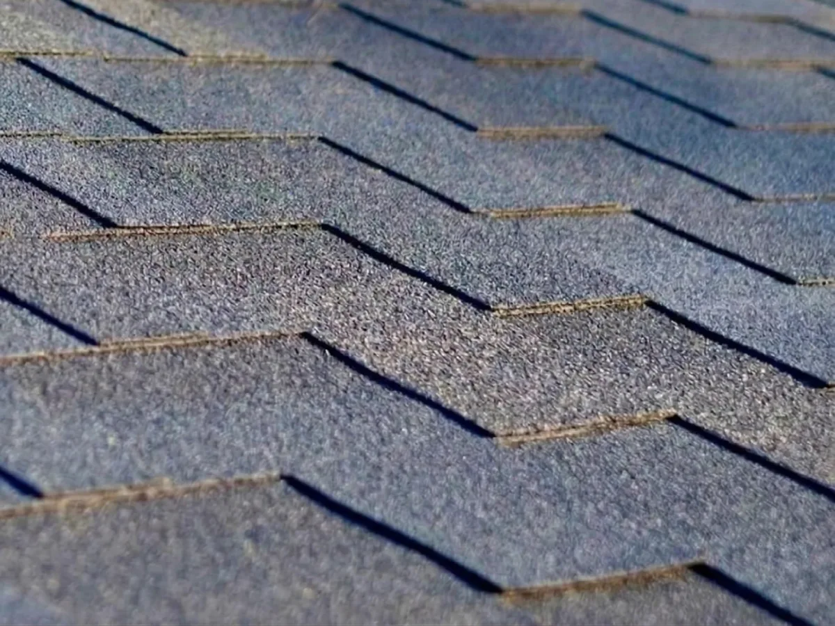 Close-up tekstur atap aspal shingles berlapis dengan pola bertumpuk berwarna abu-abu pada permukaan rumah.