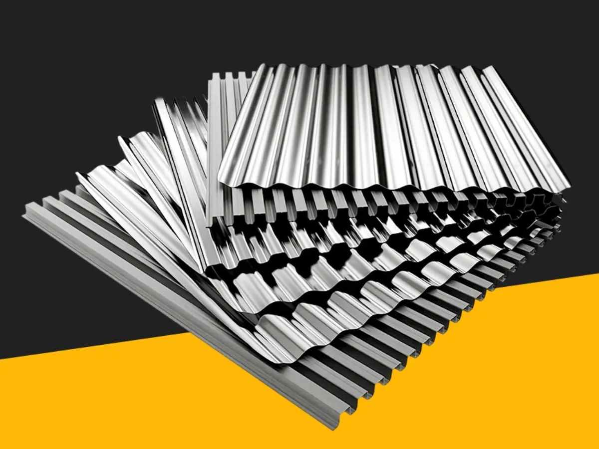 Tumpukan lembaran atap seng metal bergelombang berwarna perak mengkilap