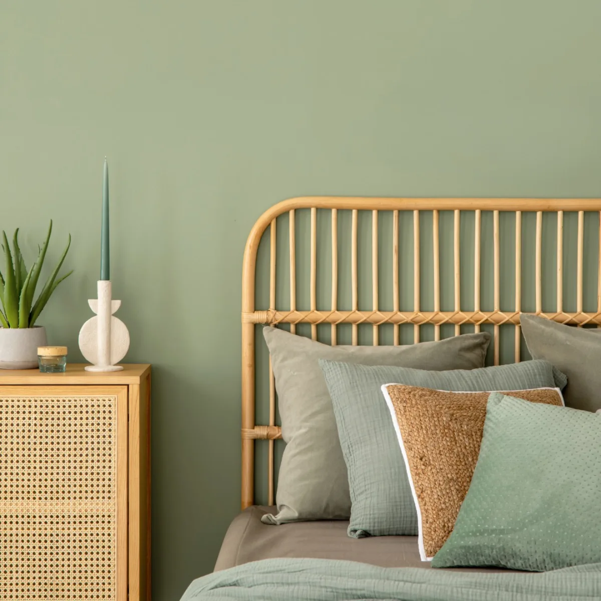 Sudut kamar tidur dengan dinding hijau sage lembut, sandaran kepala tempat tidur anyaman rotan, bantal-bantal bertekstur dalam nuansa hijau sage, abu-abu, dan cokelat, meja samping tempat tidur anyaman rotan dengan pot tanaman lidah buaya, lilin, dan tempat lilin geometris putih.