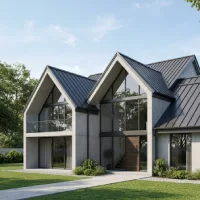 arsitektur rumah modern yang menonjolkan atap logam pelat berwarna gelap (standing seam metal) dengan struktur cross-gable yang kompleks.