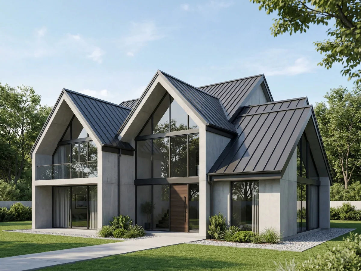 arsitektur rumah modern yang menonjolkan atap logam pelat berwarna gelap (standing seam metal) dengan struktur cross-gable yang kompleks.