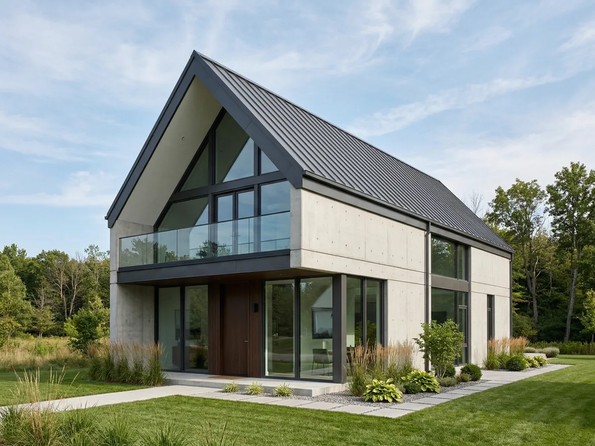 Eksterior rumah modern berlantai dua dengan model atap pelana segitiga tinggi (gable roof) berwarna gelap yang menonjol di atas balkoni lantai atas, menampilkan dinding beton exposed dan lanskap minimalis.