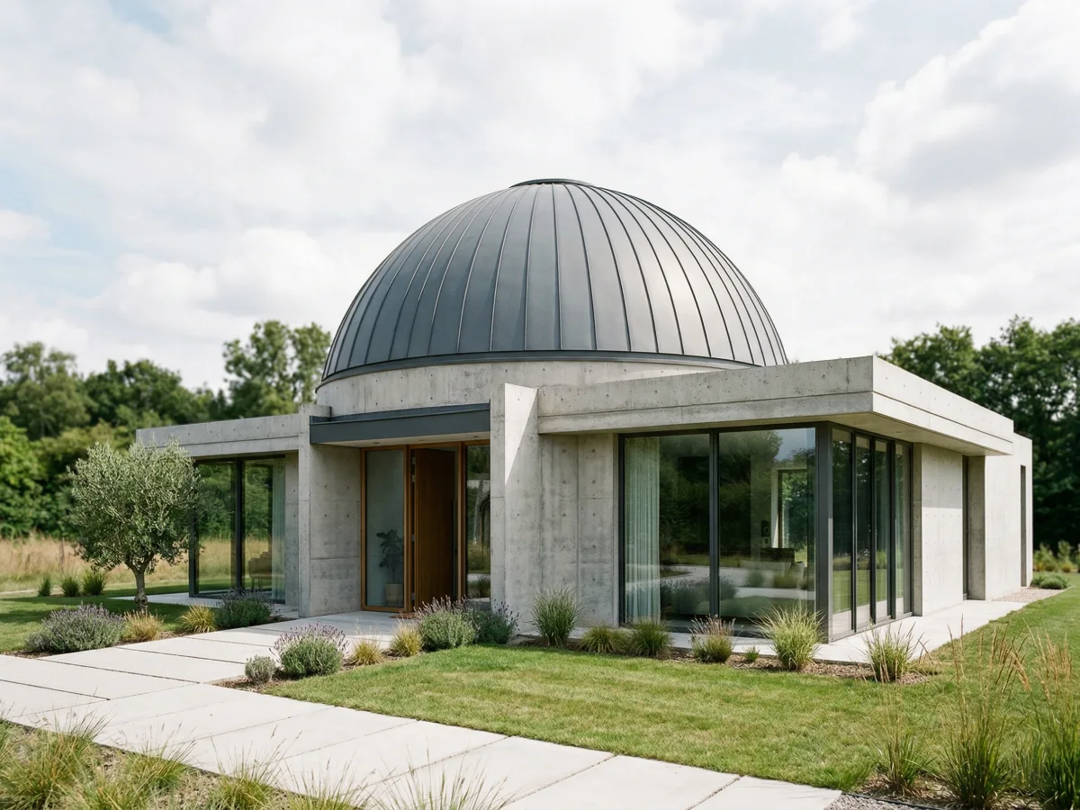 Desain atap kubah logam yang unik pada bangunan rumah modern minimalis dengan dinding beton dan jendela kaca besar di taman.