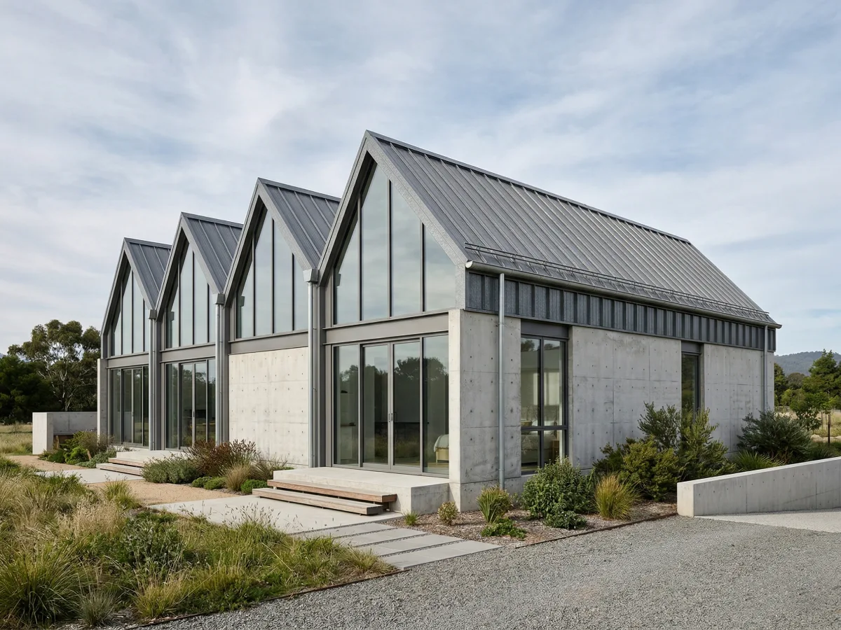 Serangkaian atap pelana logam abu-abu yang berulang dan sejajar pada fasad bangunan modern.