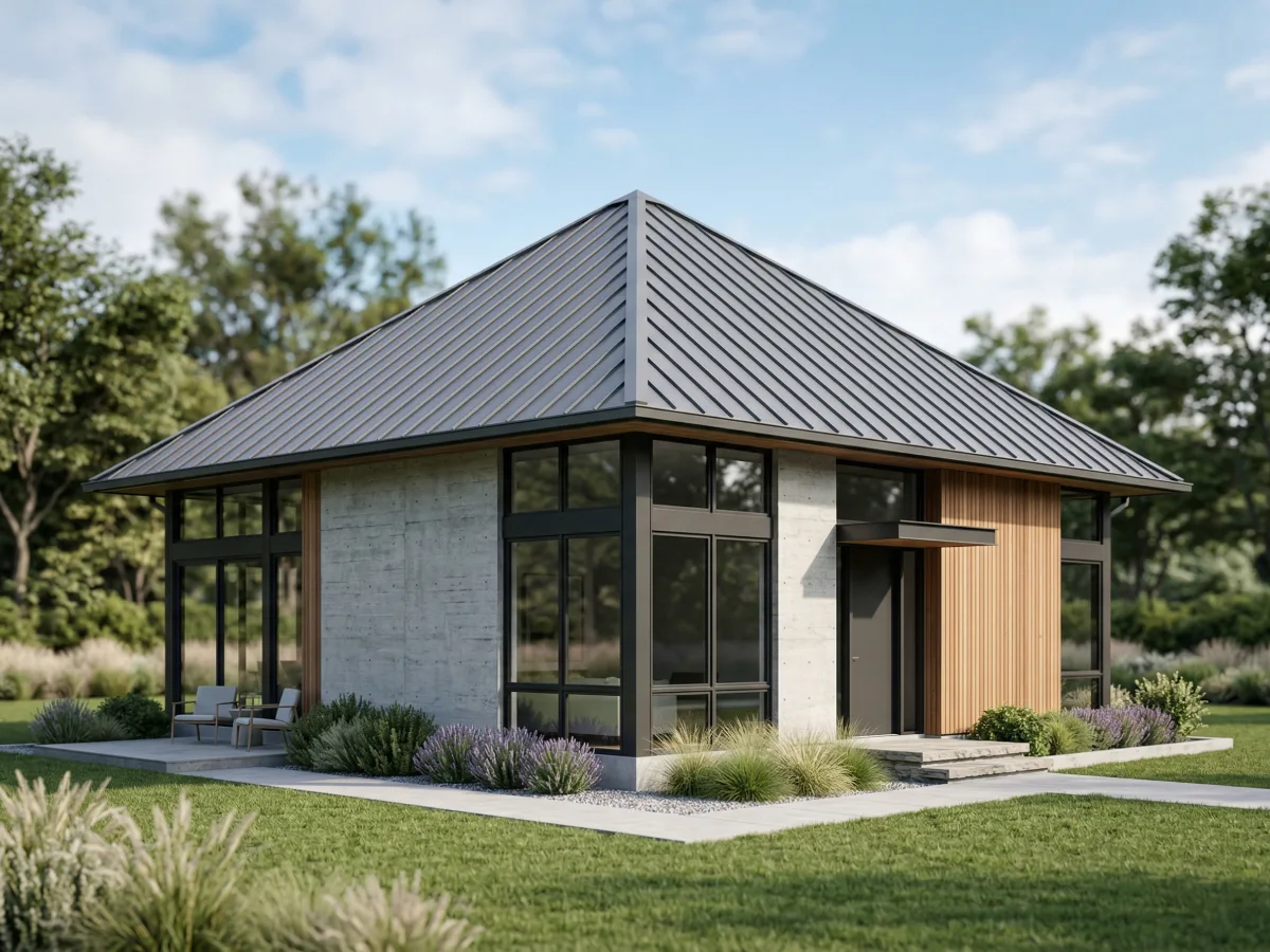 Rumah modern kontemporer yang menonjolkan atap perisai logam berwarna abu-abu tua dengan empat sisi miring yang bersih dan bertemu di puncak. Dinding beton ekspos dan pelapis kayu vertikal dipadukan dengan jendela kaca besar. Halaman memiliki jalan setapak beton, lanskap minimalis, tanaman lavender, dan rumput hias, berlatar belakang pohon-pohon dan langit berawan.