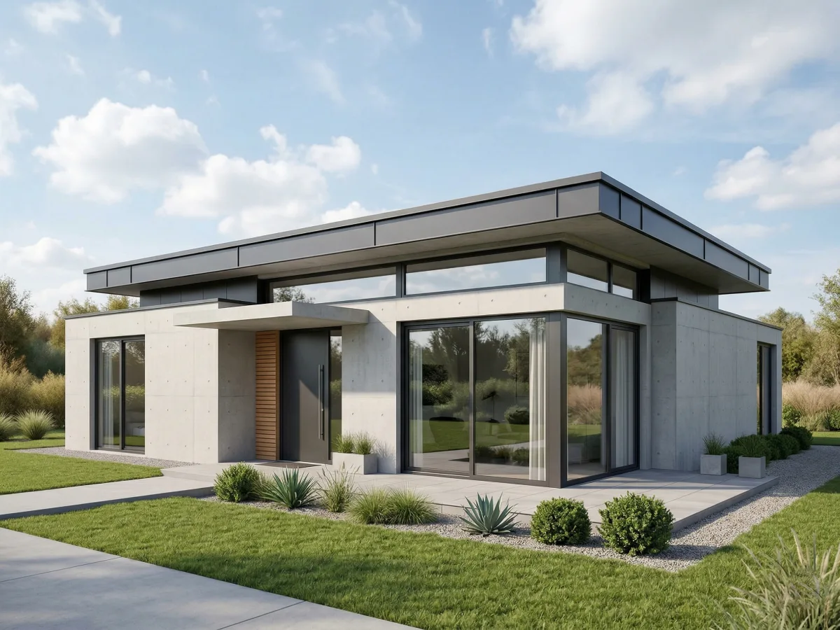 Rumah modern minimalis satu lantai dengan model atap datar berwarna abu-abu arang, dinding beton ekspos, dan jendela kaca besar di halaman rumput.