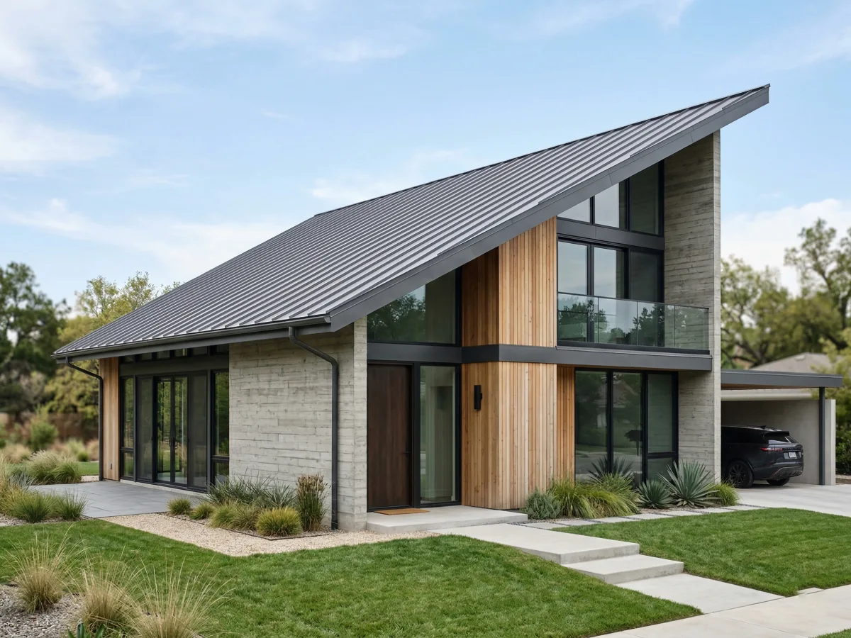 Model atap rumah modern asimetris besar dengan bentuk atap sandar (shed roof) material logam, dipadukan dengan fasad beton ekspos dan panel kayu pada rumah kontemporer dengan jendela besar dan carport.