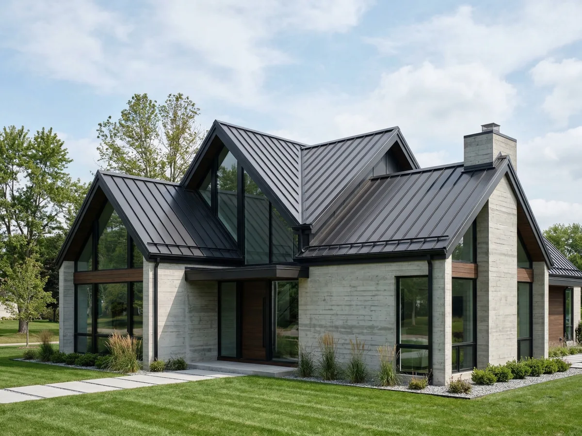 Pandangan luar rumah modern bergaya kontemporer dengan desain atap pelana silang yang kompleks menggunakan bahan logam hitam lipat. Rumah ini memiliki jendela kaca besar dari lantai ke langit-langit dan dinding beton bertekstur, diatur di halaman rumput hijau dengan jalan setapak batu.