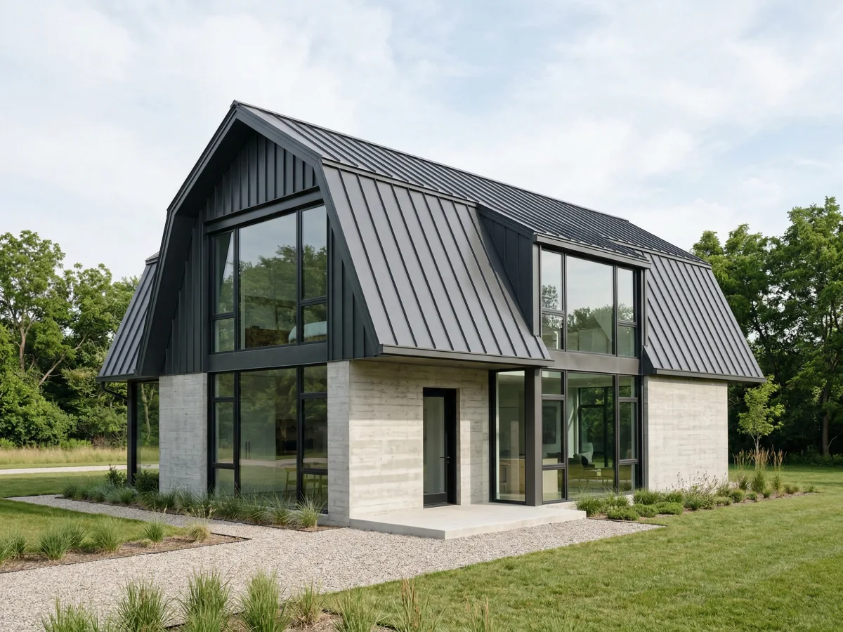 Rumah kontemporer modern dengan atap model gambrel lumbung logam berwarna abu-abu tua dan dinding beton ekspos, menampilkan jendela kaca besar di halaman rumput dengan jalan kerikil dan latar belakang pepohonan.