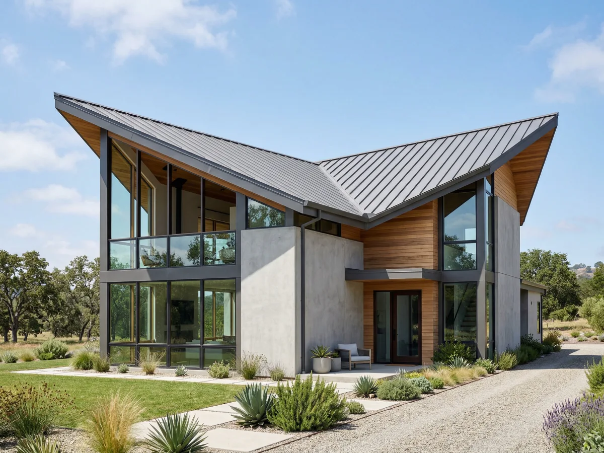 Gambar rumah modern kontemporer dengan model atap kupu-kupu yang khas miring ke dalam membentuk huruf V, menampilkan dinding beton ekspos, panel kayu, dan jendela kaca besar dari lantai ke langit-langit di lingkungan pedesaan yang bersih dengan tanaman sukulen dan jalan setapak kerikil.