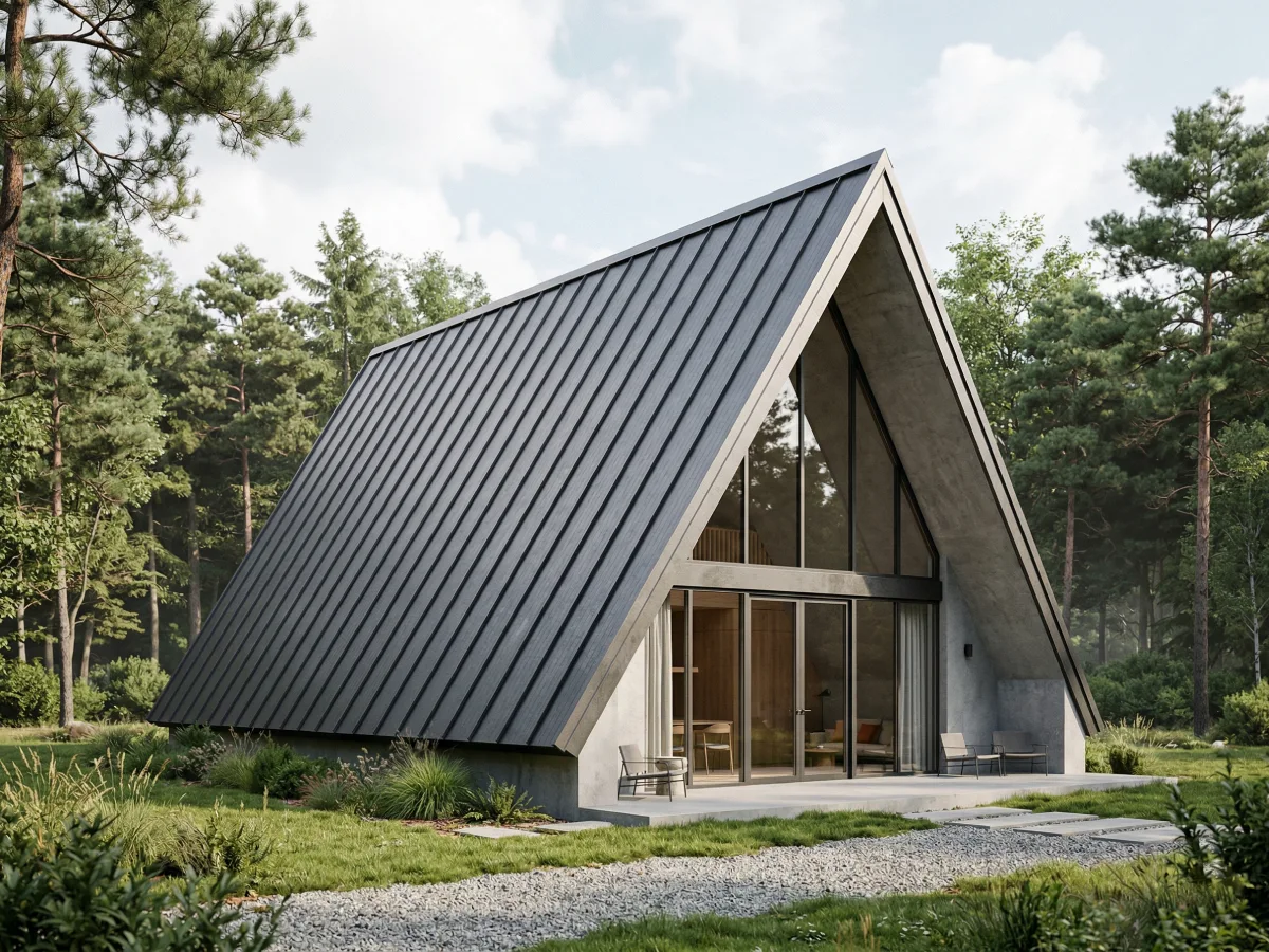 Model atap rumah A-frame modern dengan kemiringan curam dari logam hitam pada hunian minimalis di hutan pinus, menampilkan dinding beton dan fasad kaca.