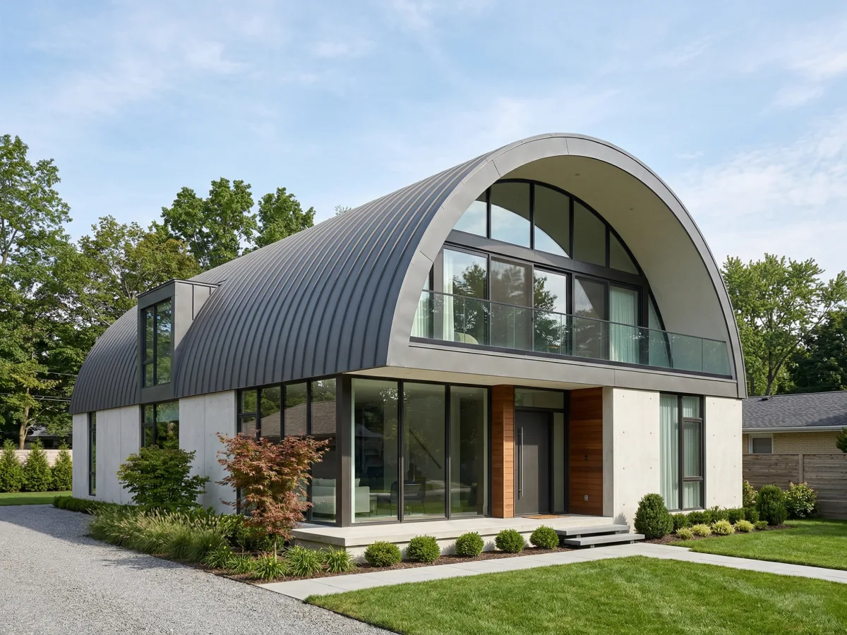 Eksterior rumah modern dua lantai dengan atap melengkung (barrel roof) yang unik terbuat dari panel logam berusuk abu-abu gelap. Fasad rumah menampilkan dinding beton terekspos, aksen kayu, dan jendela kaca besar, dengan halaman rumput dan pepohonan di sekitarnya.