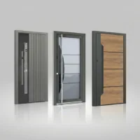 Model pintu depan rumah satu pintu minimalis modern dengan desain garis tegas, kombinasi material logam, kaca, dan panel kayu.