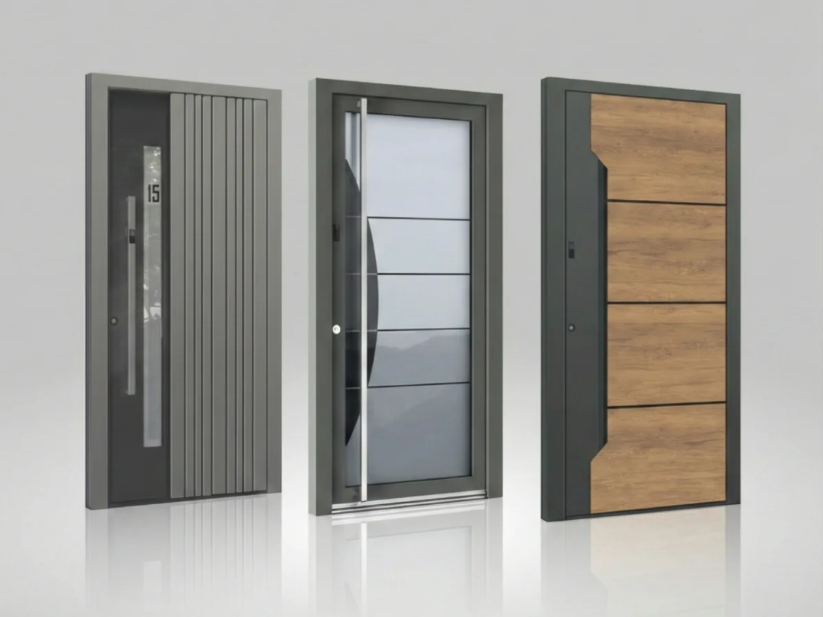 Model pintu depan rumah satu pintu minimalis modern dengan desain garis tegas, kombinasi material logam, kaca, dan panel kayu.